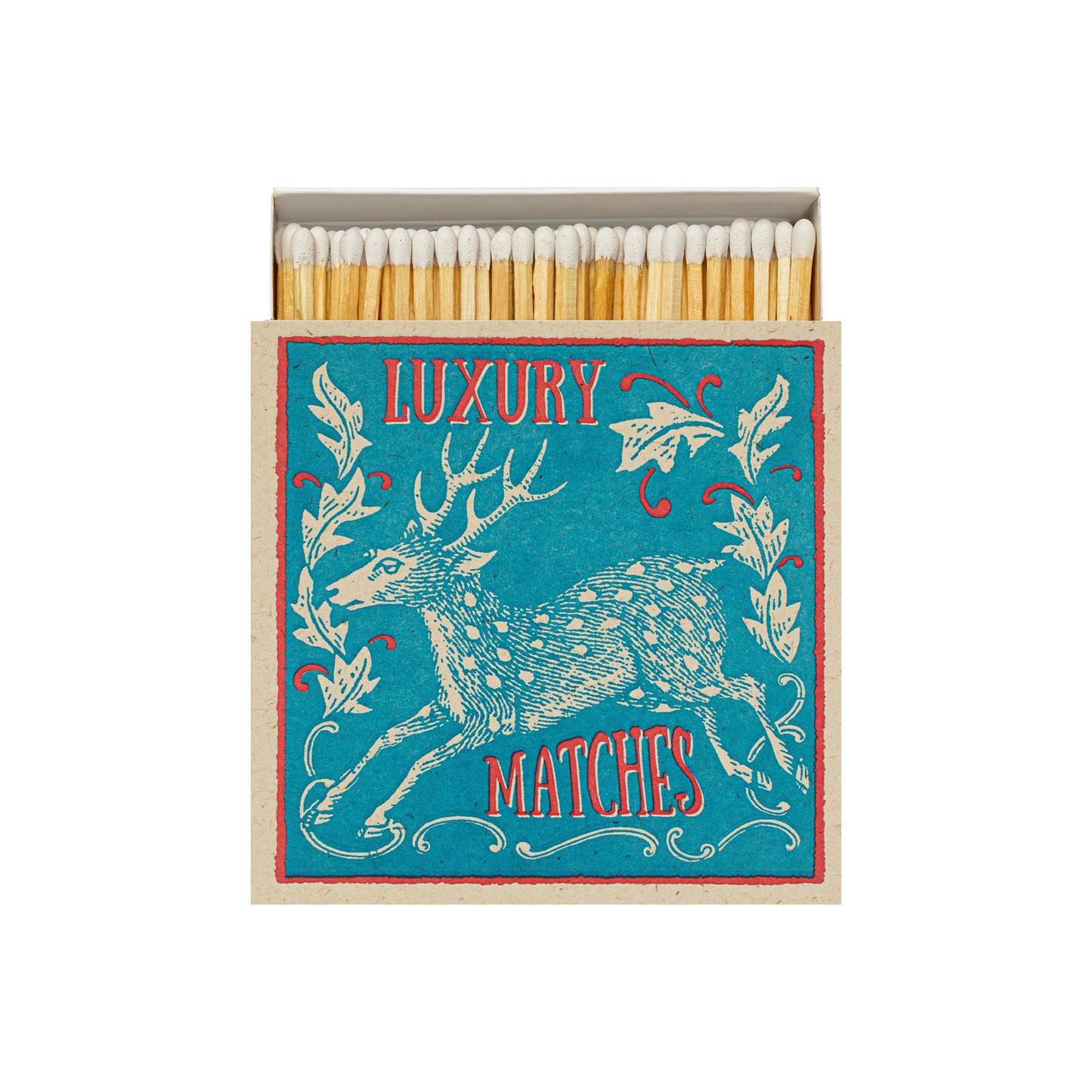 Front view of Archivist The Stag Matches - Square Matchbox with Winter Stag Design - Natural White-Tipped Matches - FSC Wood Material, UK Letterpress Print, Eco-Friendly Decorative Match Set