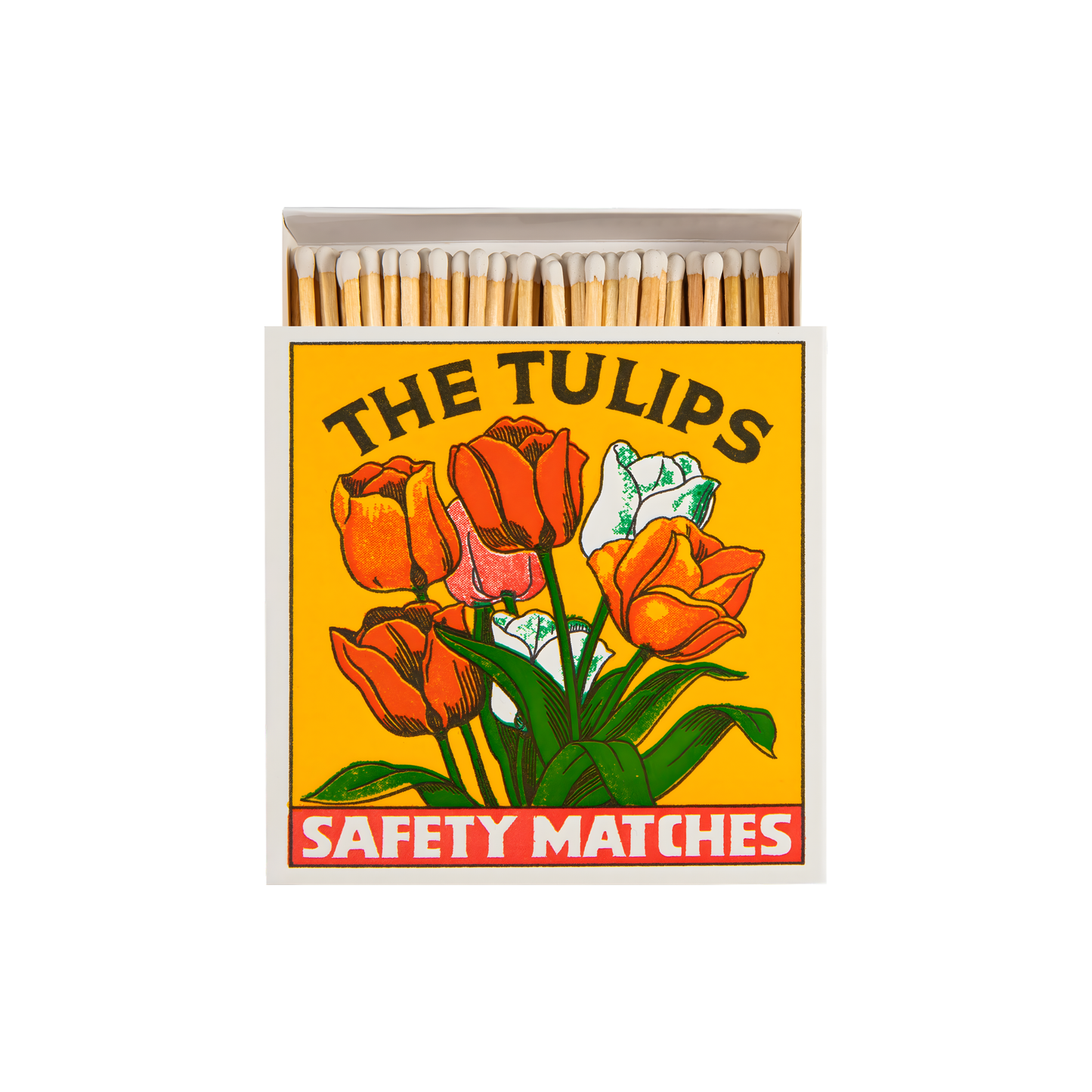 Front view and open Archivist Luxury Matches The Tulips which features colorful tulips on a bold yellow background with the words "The Tulips, Safety Matches." Contains 125 matches (100 mm, yellow tips, white tray), letterpress printed in the UK with FSC-certified wood and wrapped in compostable cello-perfect for coffee tables, mantelpieces, or gifting.