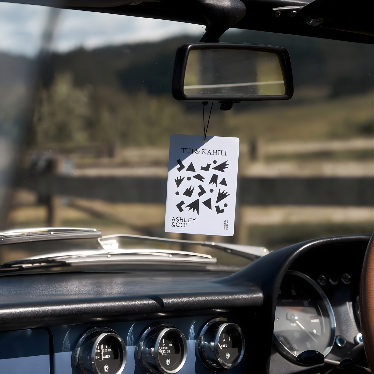 Ashley & Co Carded Perfume Air Freshener Tui & Kahili hung on the car rear view mirror.