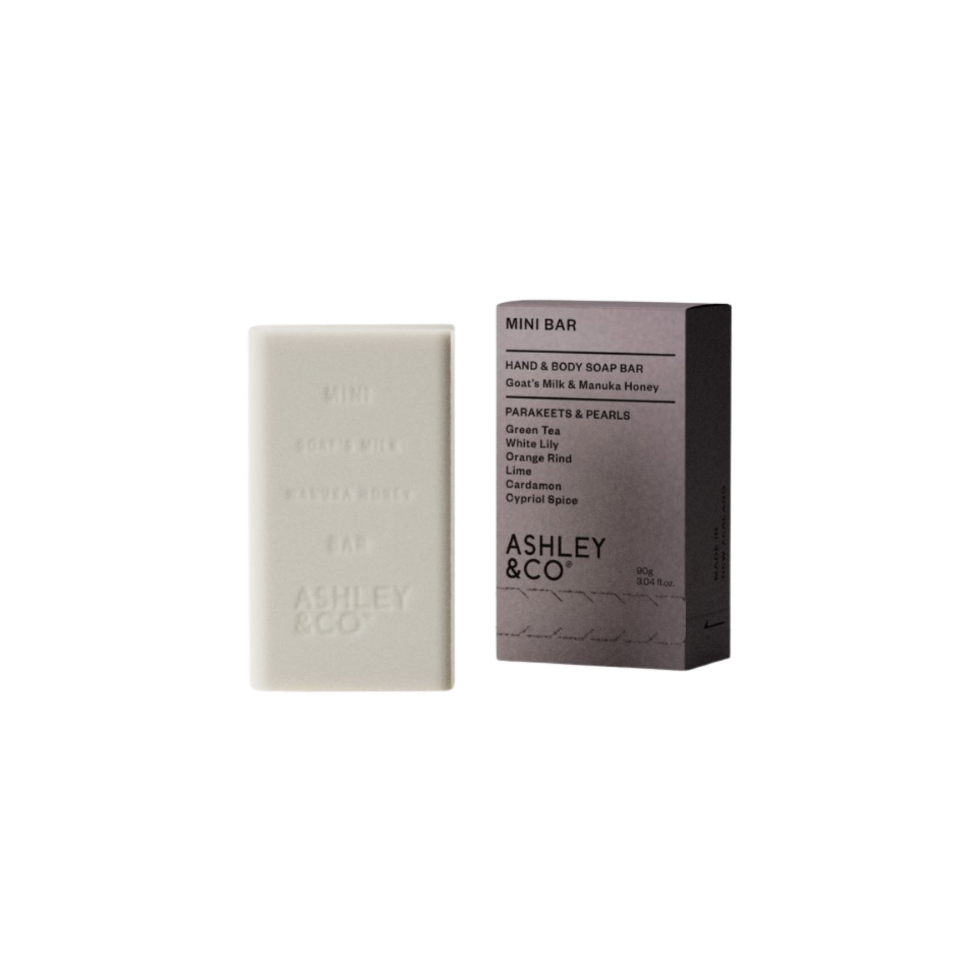Ashley & Co hand and body cleansing bar Parakeets and Pearls dots in out of packaging and next to packaging box