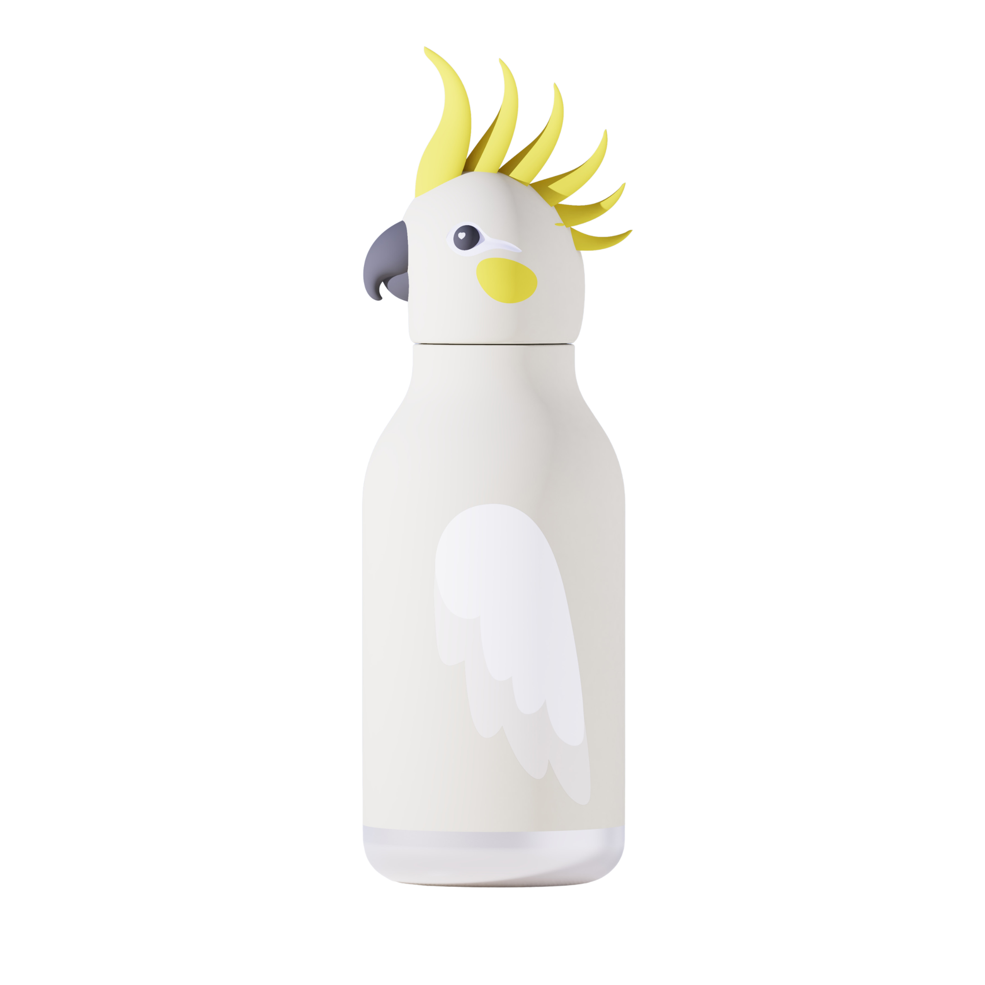 Side view of the Asobu Bestie Bottle 460ml Cockatoo white bird with yellow in the cheek and hair.