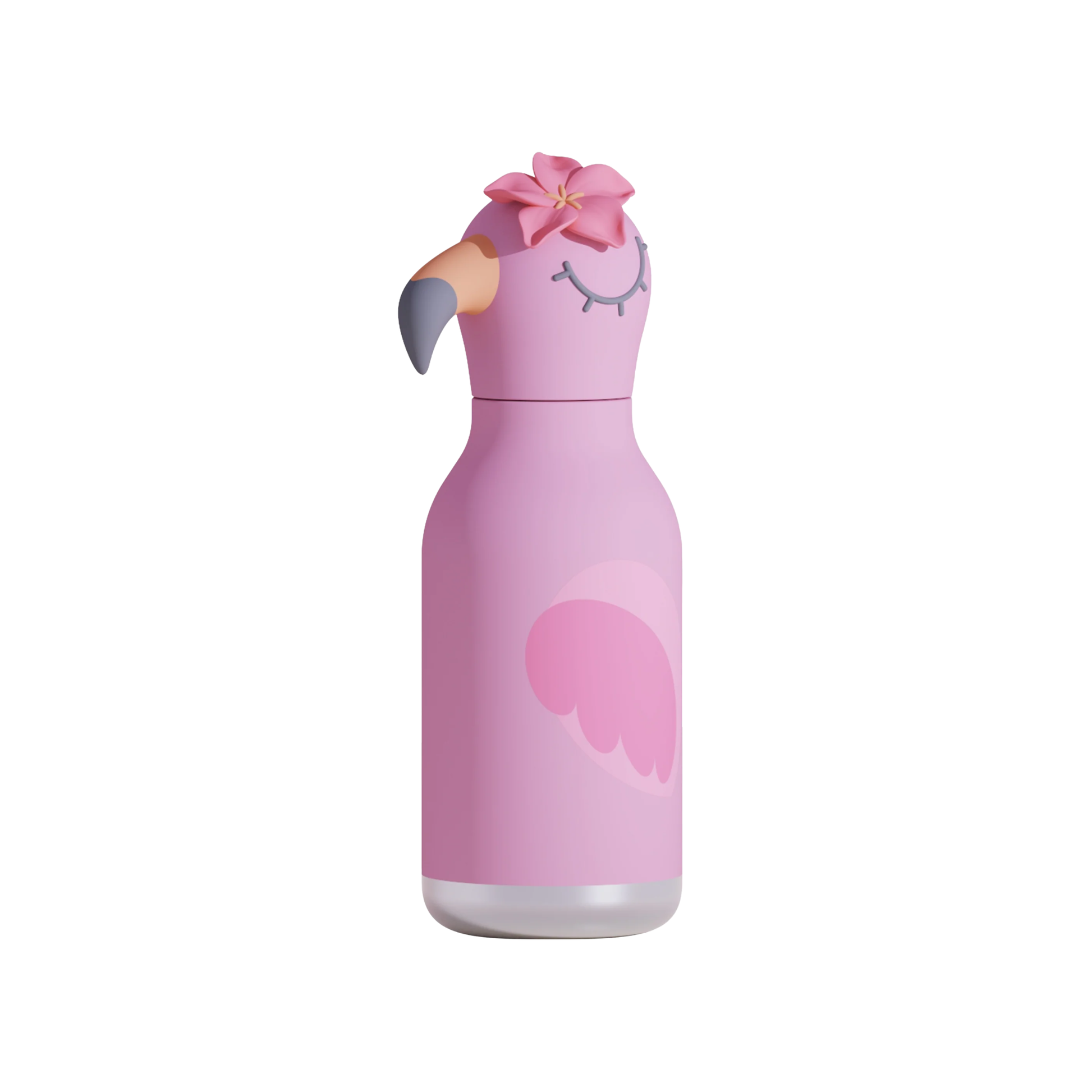 Side view of the Asobu Bestie Bottle 460ml Pink Flamingo with a little pink flower on its head.