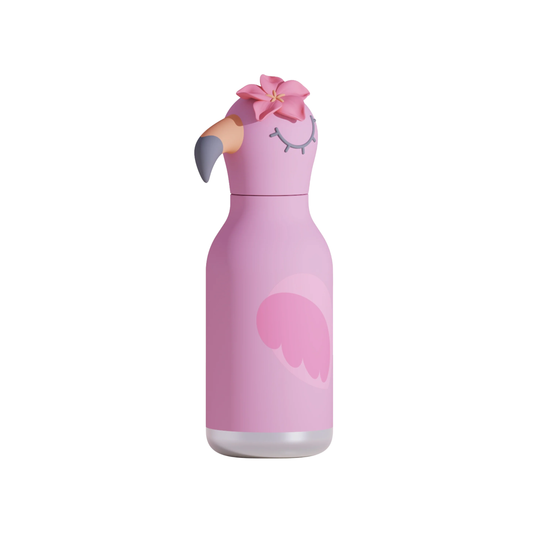 Side view of the Asobu Bestie Bottle 460ml Pink Flamingo with a little pink flower on its head.
