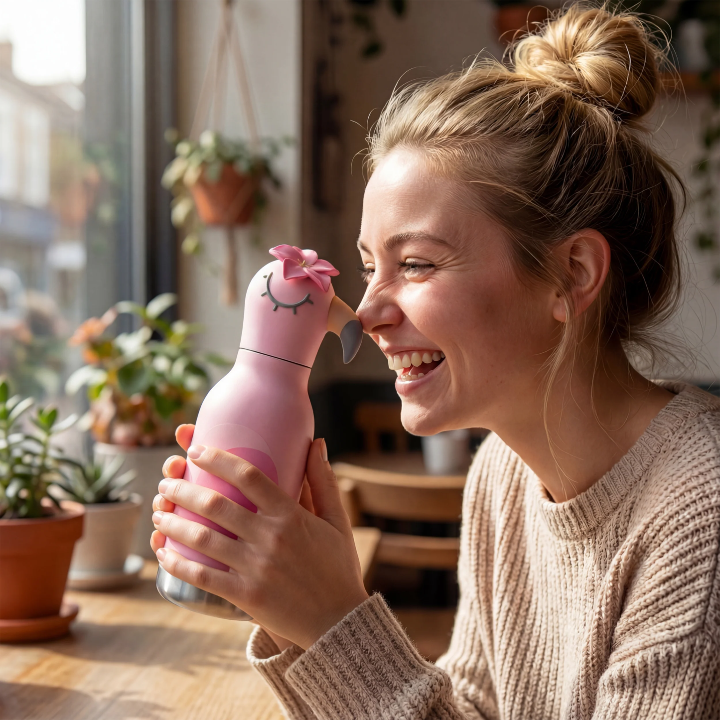 A lady holding the Asobu Bestie Bottle 460ml Flaminggo towards her.