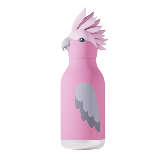 Side view of the Asobu Bestie Bottle 460ml Galah pink bird with gray eyes and wings.