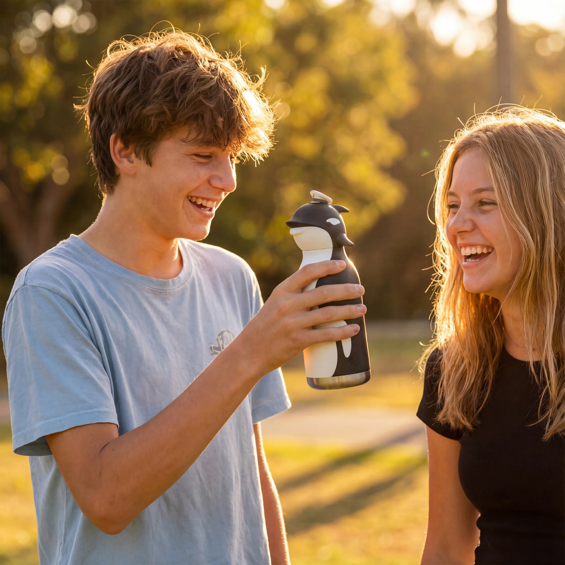 A girl with a boy carrying the Asobu Bestie Bottle 460ml Orca.