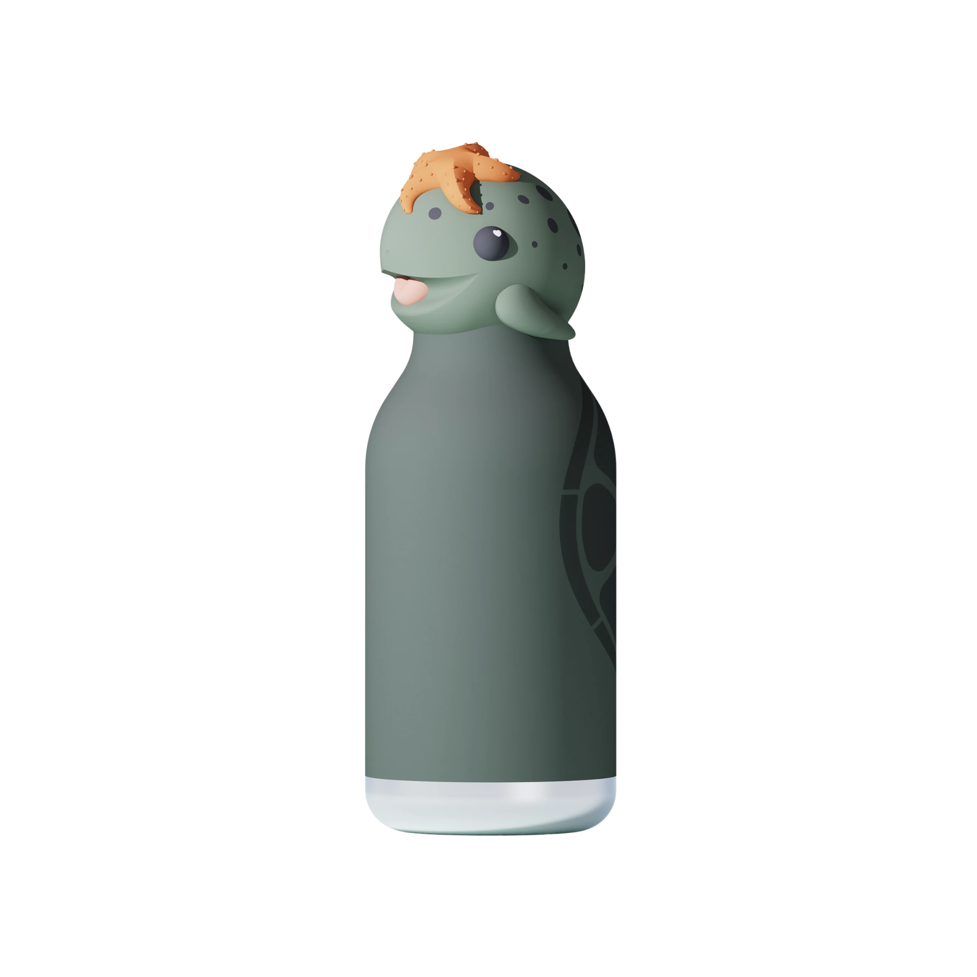 Side view of the Asobu Bestie Bottle 460ml Turtle with a little orange starfish on the forehead.