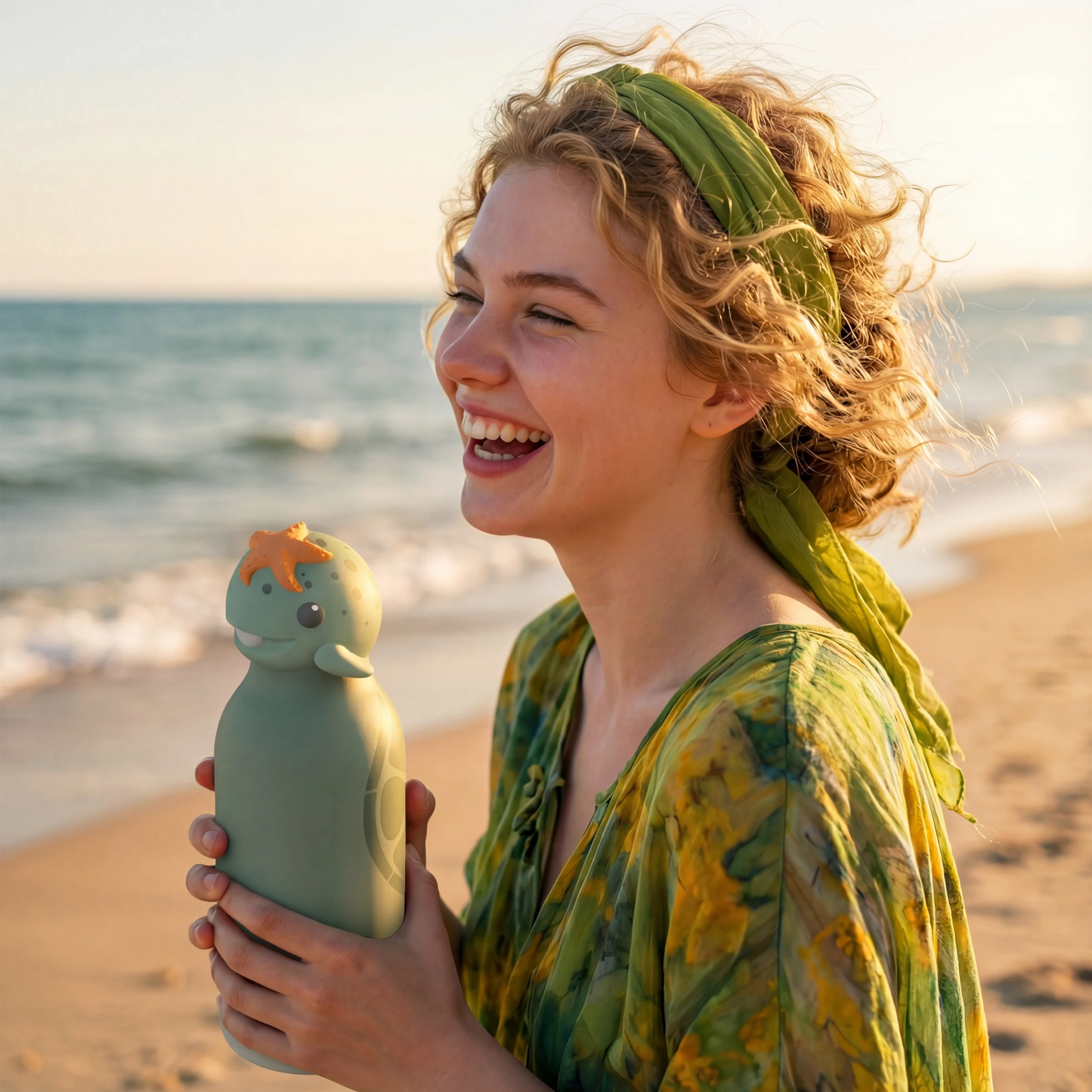 Side view of a lady in the shore holding the Asobu Bestie Bottle 460ml Turtle.