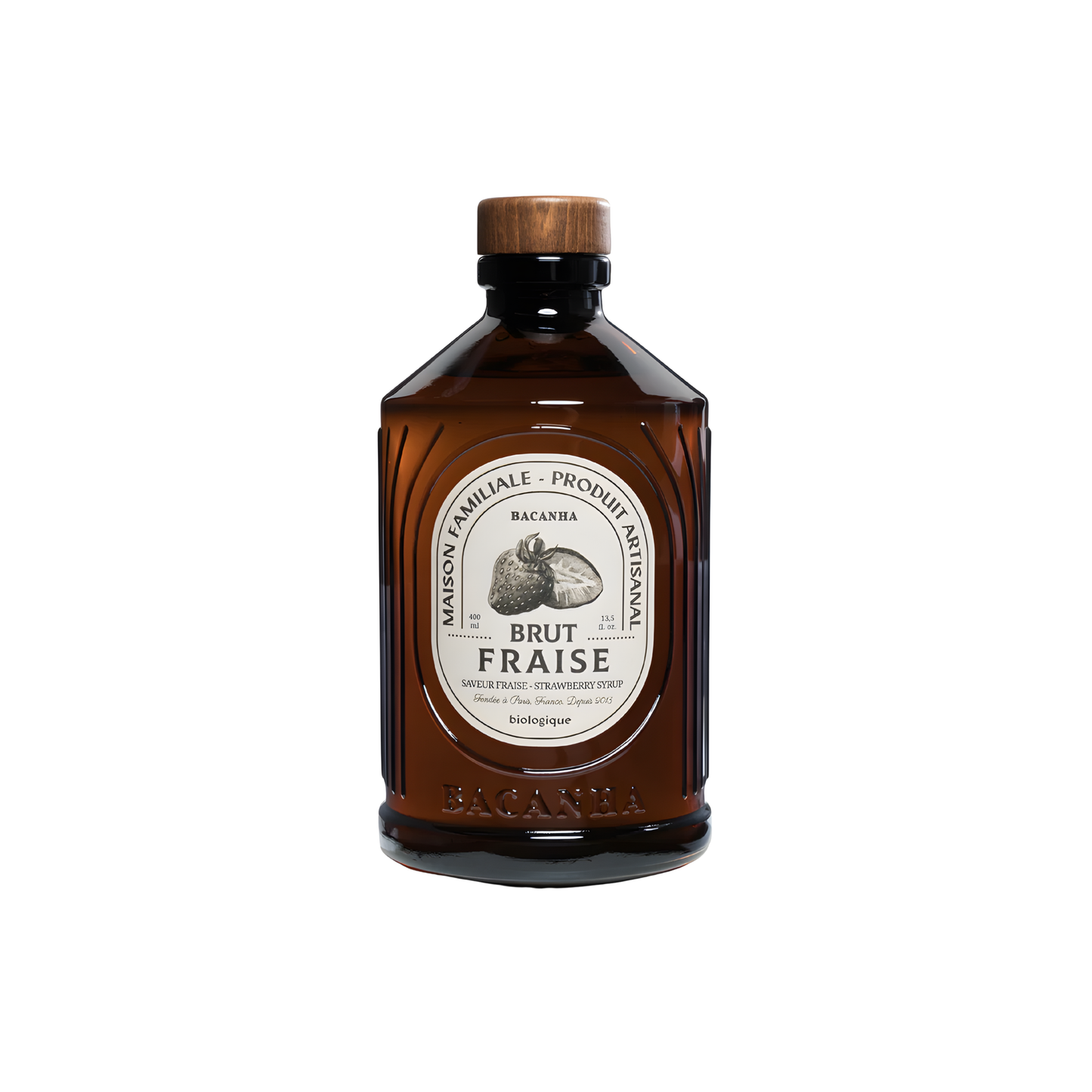 Front view of the Bacahna Sirop Brut 400ml Fraise Raw Strawberry Syrup, with a fruity fragrance, can be in a smoothie tea or beer, goes perfectly with jasmine syrup of brut range. Made from pure cane sugar, water, strawberry juice and flavouring and certified organic.