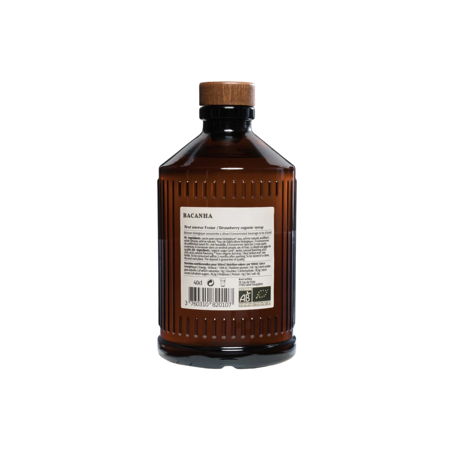 Back view of the Bacahna Sirop Brut 400ml Fraise Raw Strawberry Syrup, with a fruity fragrance, can be in a smoothie tea or beer, goes perfectly with jasmine syrup of brut range. Made from pure cane sugar, water, strawberry juice and flavouring and certified organic.