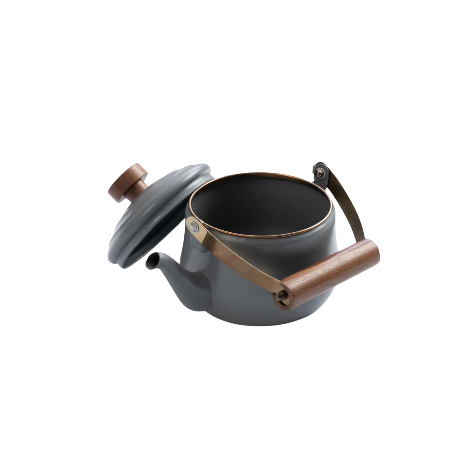 Barebones enamel teapot slate grey top view with lid off