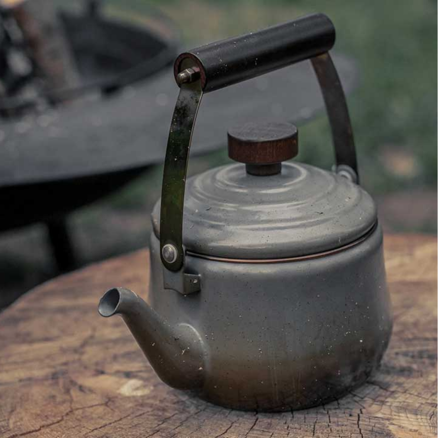 Barebones enamel teapot slate grey side view on wooden log outdoors
