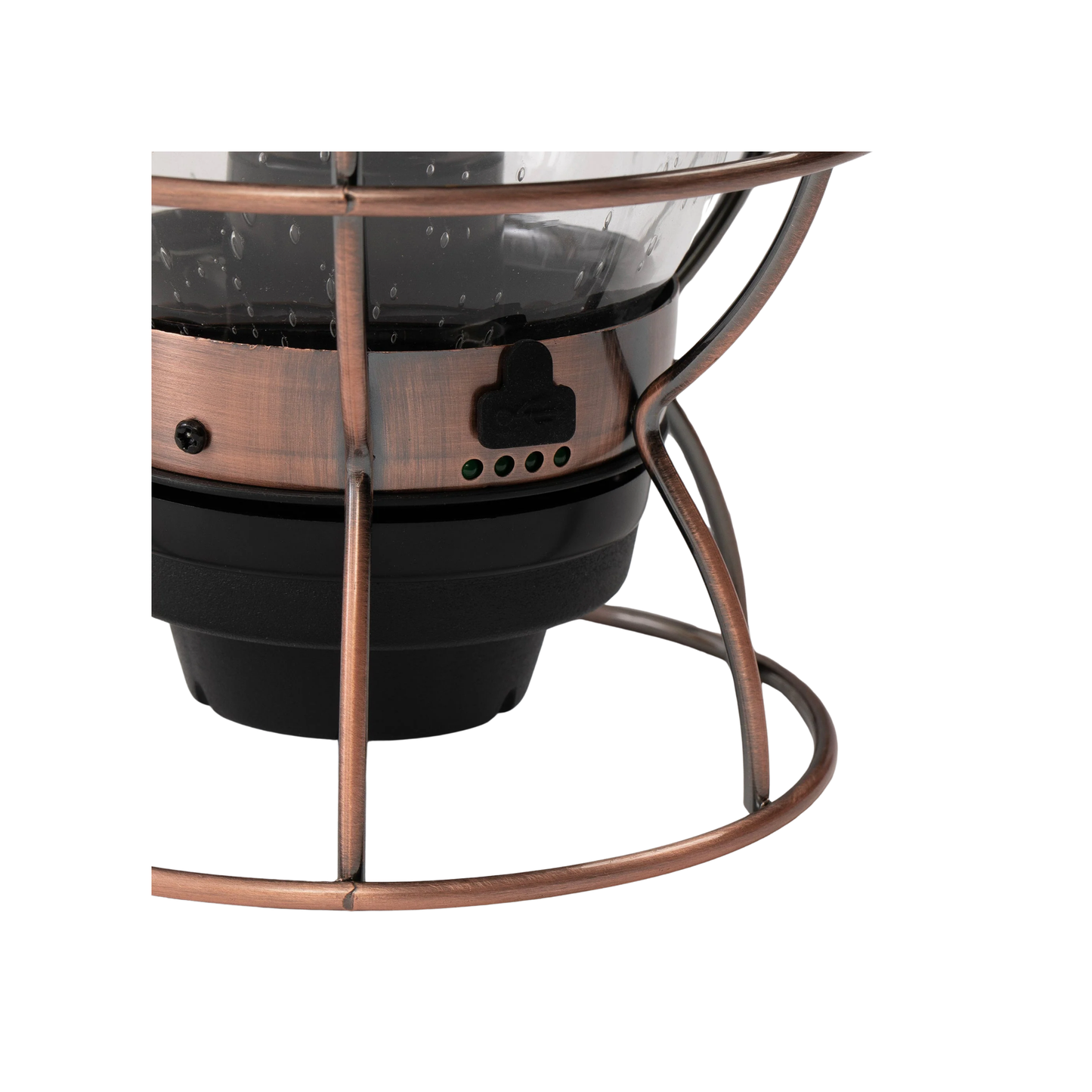 Barebones railway lantern bronze close up on charging port