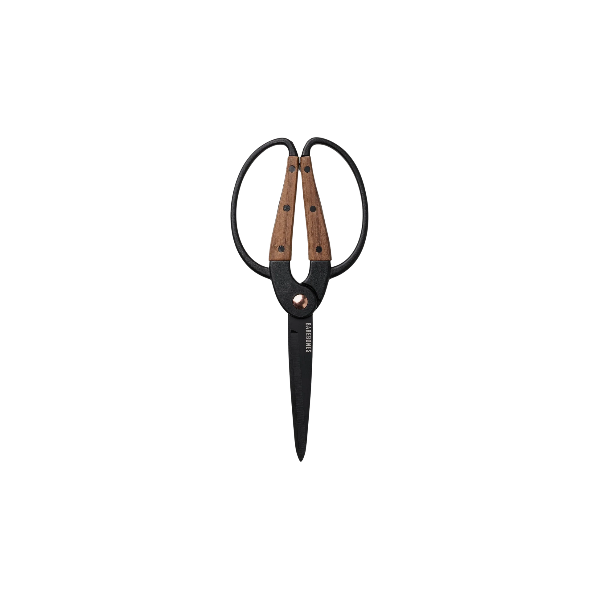 Barebones large walnut scissors front upright view