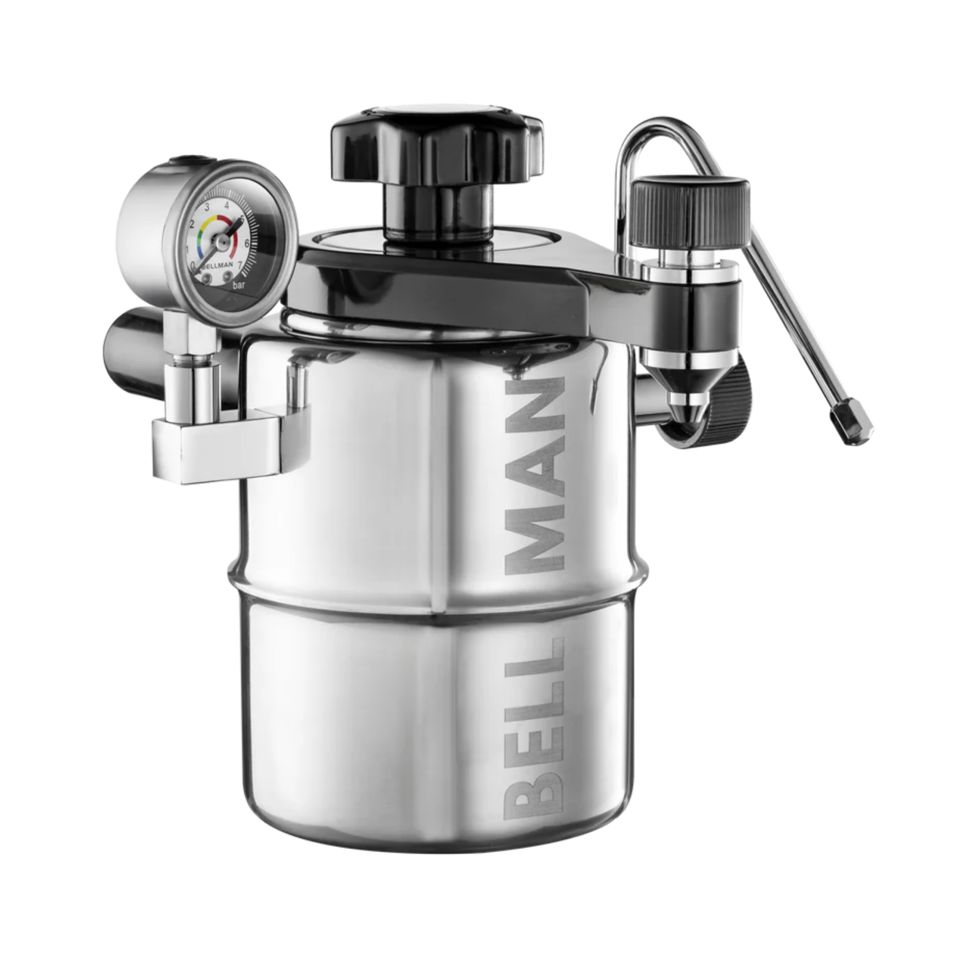 Front view of Bellman Espresso & Steamer, silver stainless steel stovetop coffee maker, brews 3-9 cups of rich espresso with crema and velvety steamed milk, featuring a built-in pressure gauge for balanced extraction.