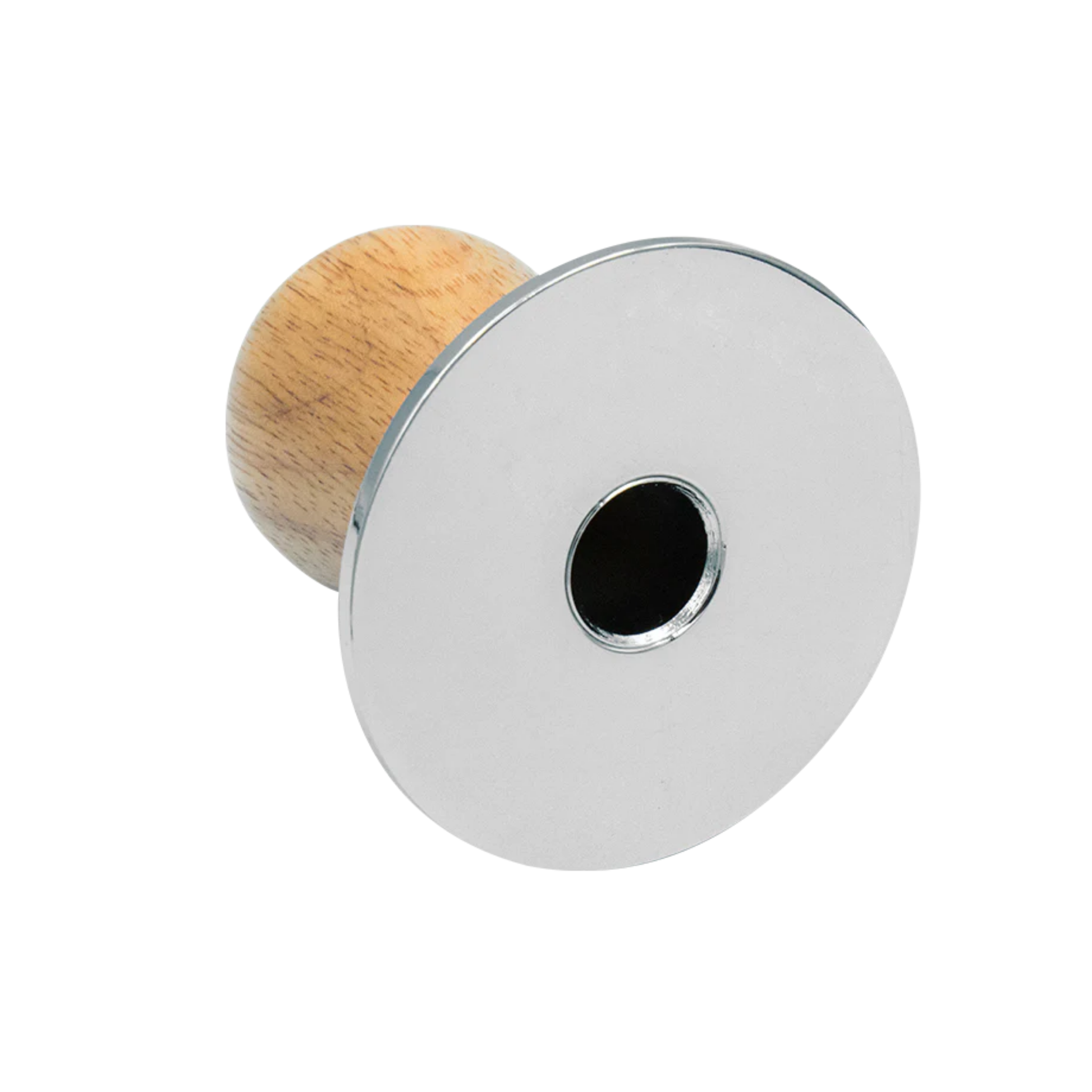 Bottom hole view of Bellman tamper, silver, designed for CX25P Stovetop Espresso & Steamer, 70 mm diameter with central hole fitting the brew shaft for a perfect fit in the filter basket.