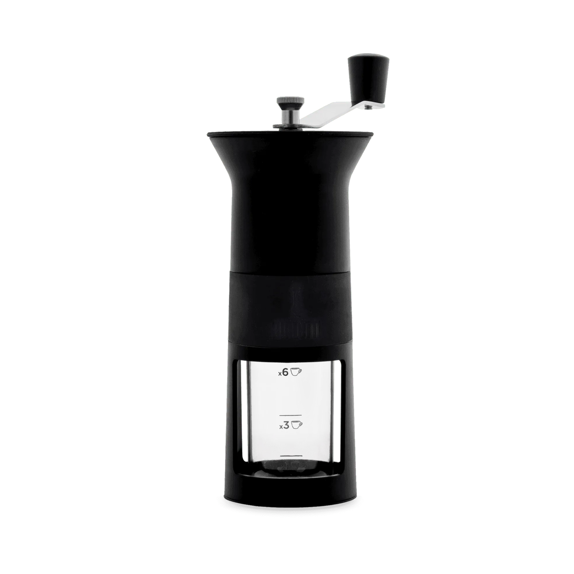 Bialetti manual coffee grinder with ceramic burr system, adjustable grind settings for Moka Express or French press, slow grinding design preserving coffee aroma, with 80ml collector capacity.