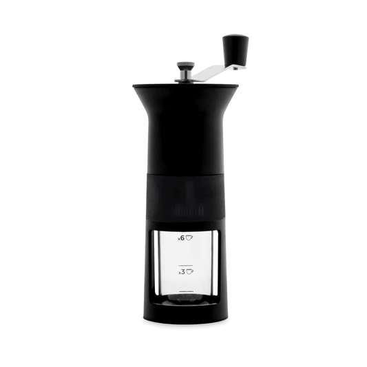 Bialetti manual coffee grinder with ceramic burr system, adjustable grind settings for Moka Express or French press, slow grinding design preserving coffee aroma, with 80ml collector capacity.