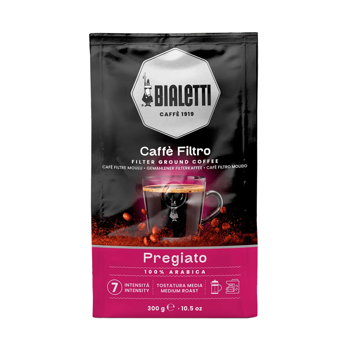 Bialetti Fine Filter Coffee, 100% Arabica medium roast blend with floral and dried fruit notes, balanced and aromatic flavor ideal for filter brewing, 300g pack, intensity 7