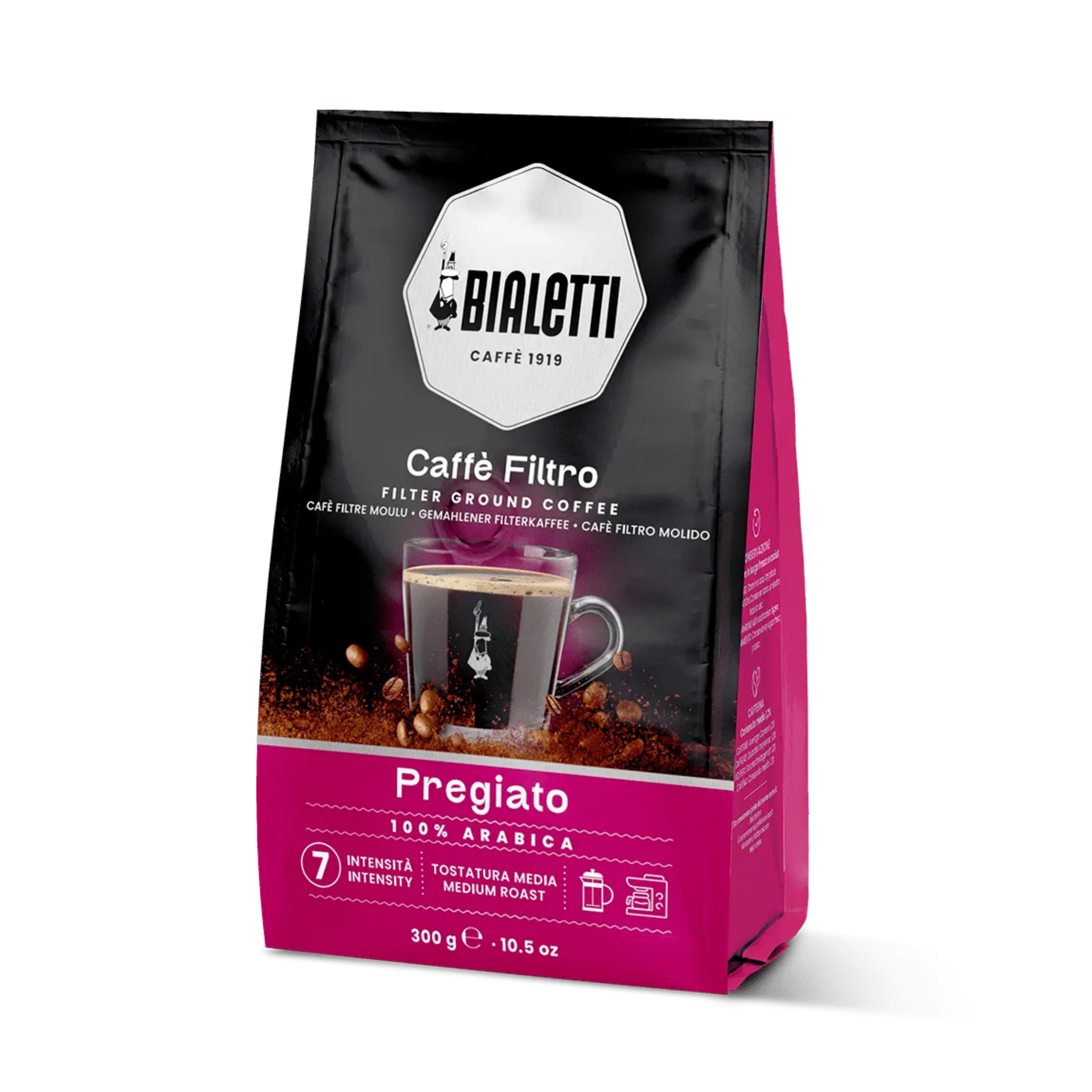 Side view of Bialetti Fine Filter Coffee, 100% Arabica medium roast blend with floral and dried fruit notes, balanced and aromatic flavor ideal for filter brewing, 300g pack, intensity 7