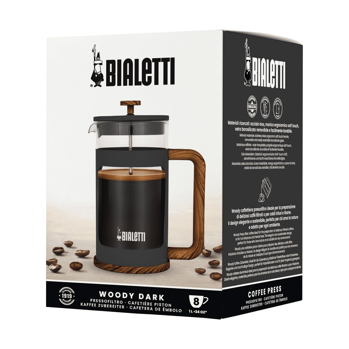 Package box of Bialetti Coffee Press, Woody dark, with soft-grip light wood handle, wooden base, and borosilicate glass body, featuring a 4-level filtration system, 1L capacity, dishwasher-safe removable glass, ideal for brewing coffee, tea, or herbal infusions.