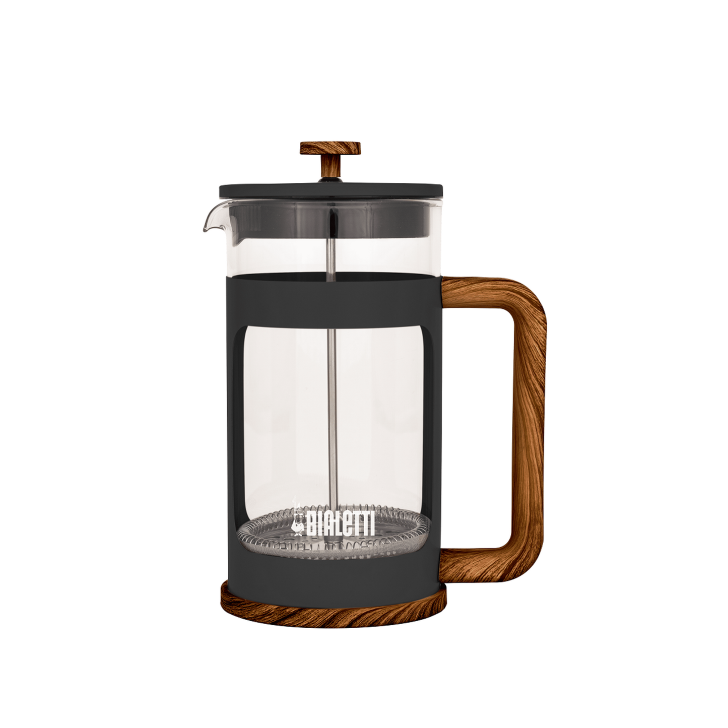 Bialetti Coffee Press, Woody Dark, 350ml capacity, with soft-grip light wood handle, wooden base, and borosilicate glass body, dishwasher-safe and ideal for brewing coffee or herbal tea.