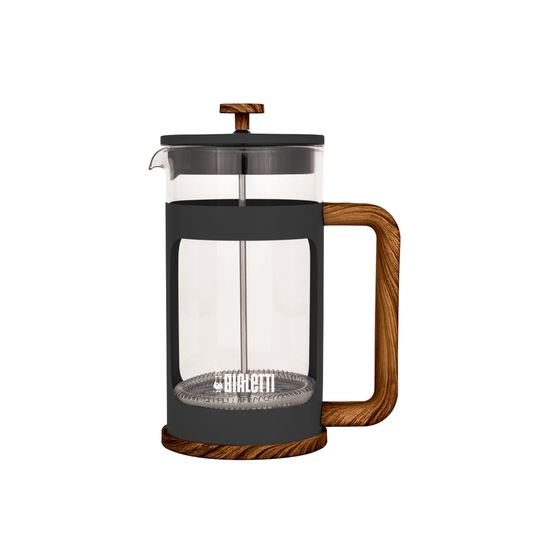Bialetti Coffee Press, Woody Dark, 350ml capacity, with soft-grip light wood handle, wooden base, and borosilicate glass body, dishwasher-safe and ideal for brewing coffee or herbal tea.