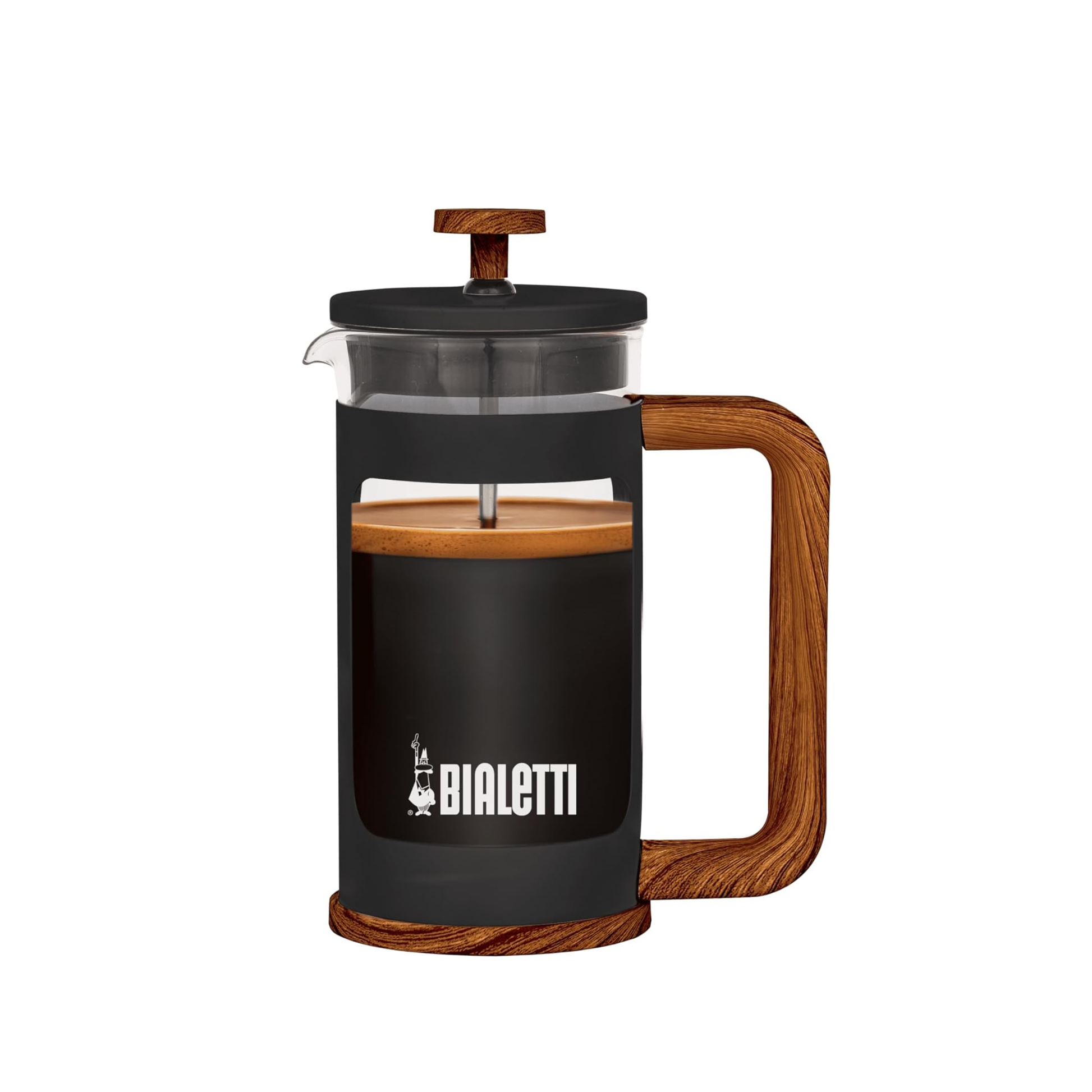 Bialetti Coffee Press, Woody Dark, shown with coffee inside, 350ml capacity, with soft-grip light wood handle, wooden base, and borosilicate glass body, dishwasher-safe and ideal for brewing coffee or herbal tea.