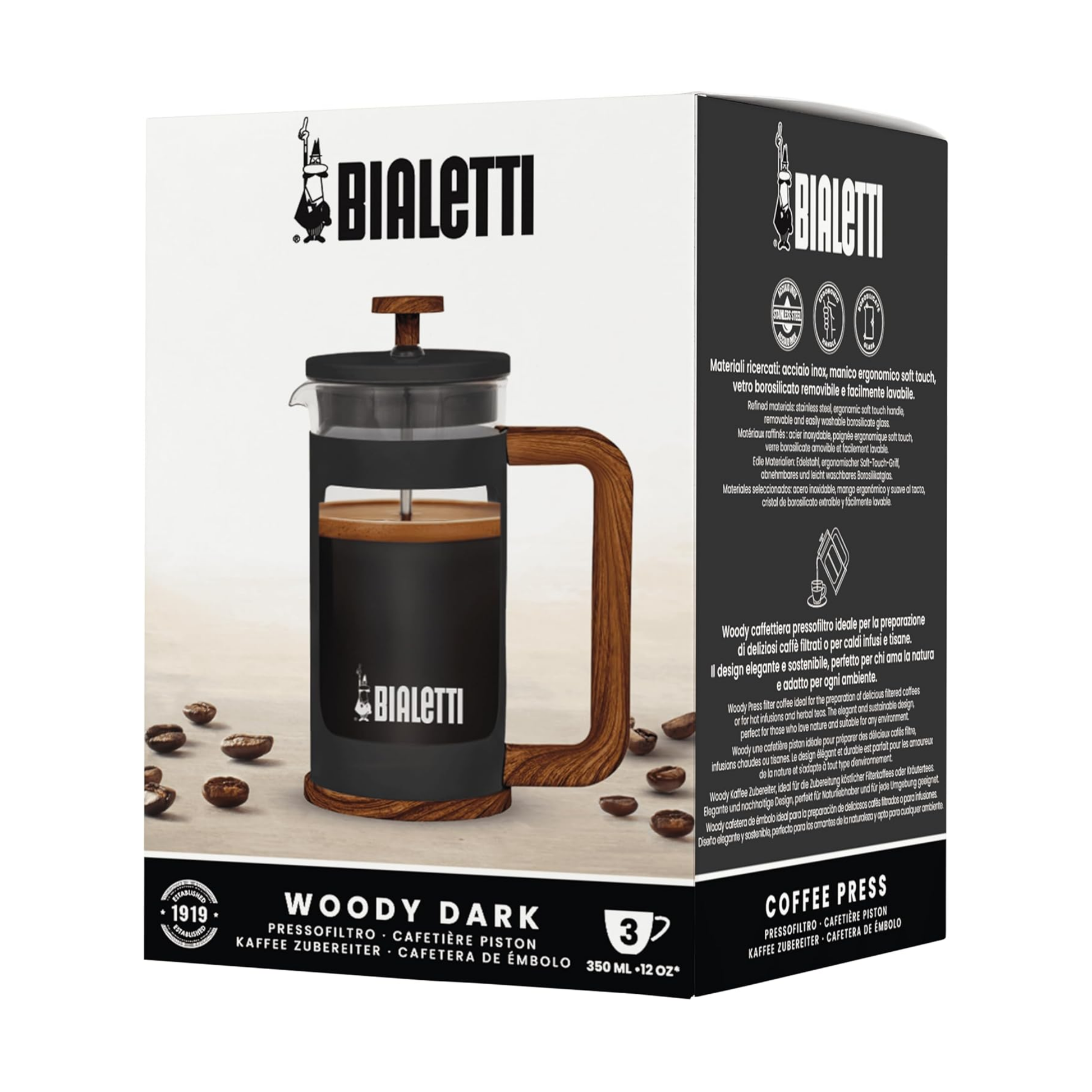 Package box of Bialetti Coffee Press, Woody Dark, 350ml capacity, with soft-grip light wood handle, wooden base, and borosilicate glass body, dishwasher-safe and ideal for brewing coffee or herbal tea.
