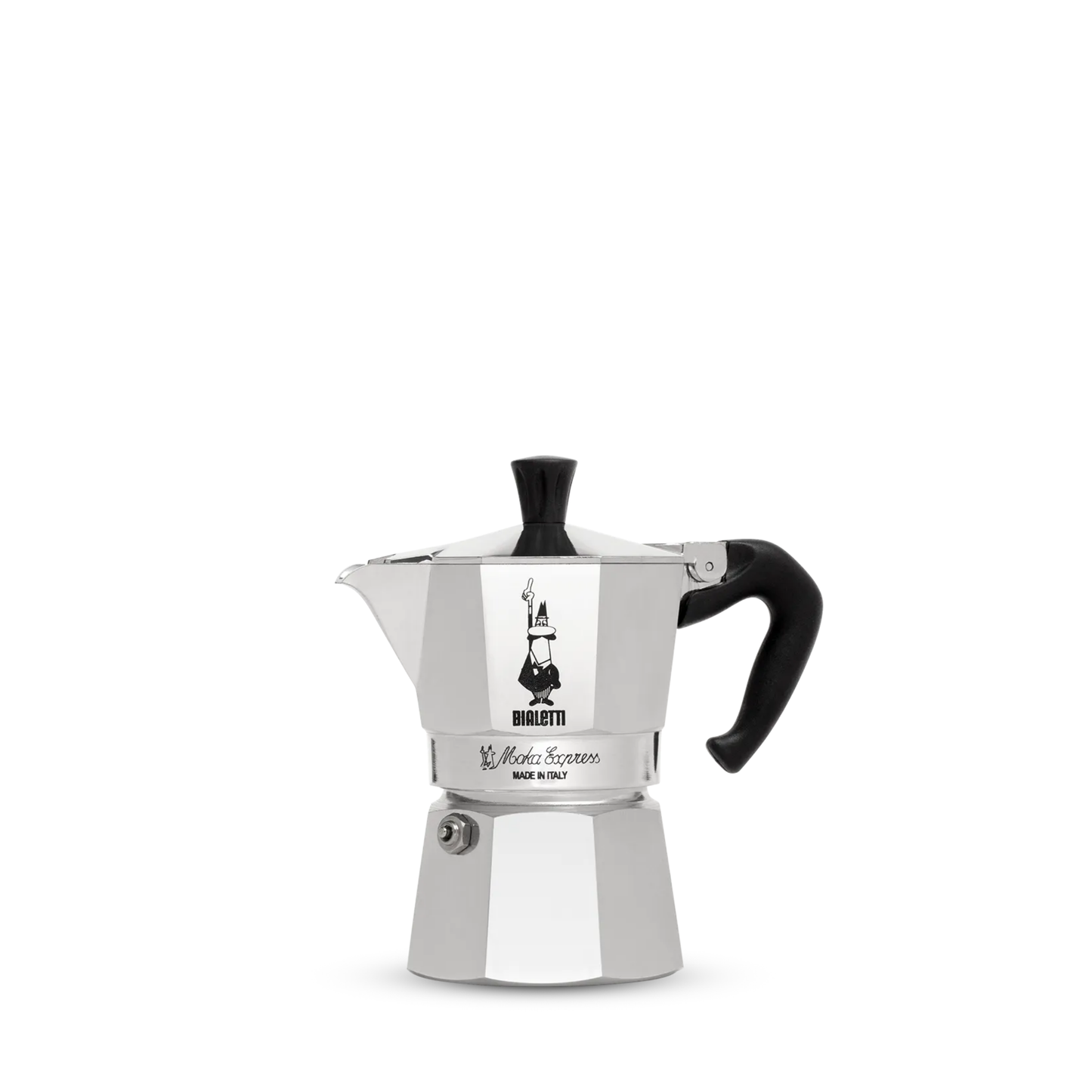 Bialetti Moka Express 1-cup stovetop coffee maker, compact aluminum model with black handle and knob, designed to brew rich Italian espresso with a full-bodied aroma, Made in Italy.