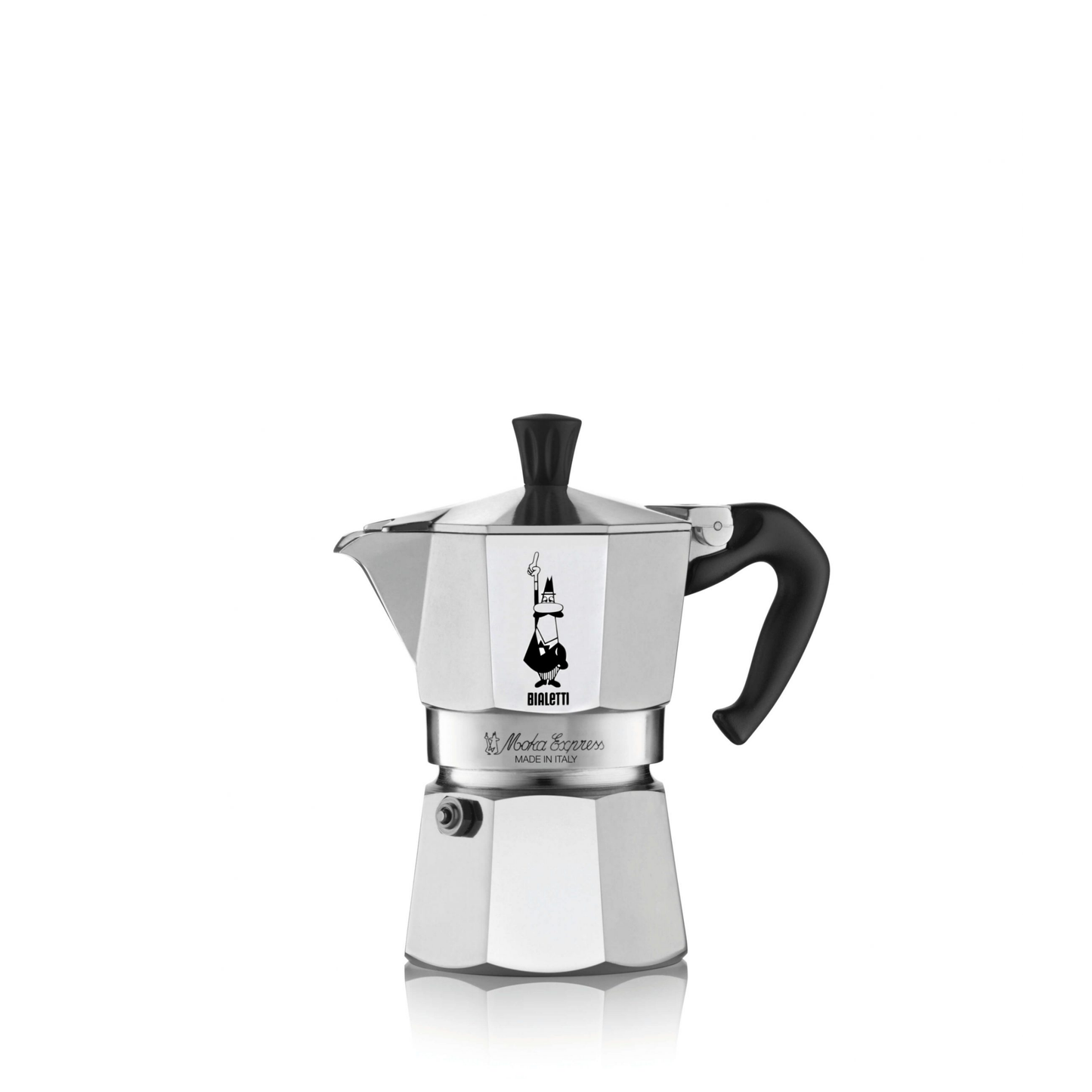 Bialetti Moka Express 2-cup stovetop coffee maker, small aluminum model with black thermoplastic handle and knob, ideal for brewing up to two cups of authentic Italian espresso with rich crema.