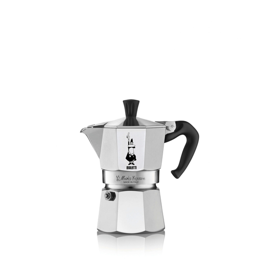 Bialetti Moka Express 2-cup stovetop coffee maker, small aluminum model with black thermoplastic handle and knob, ideal for brewing up to two cups of authentic Italian espresso with rich crema.