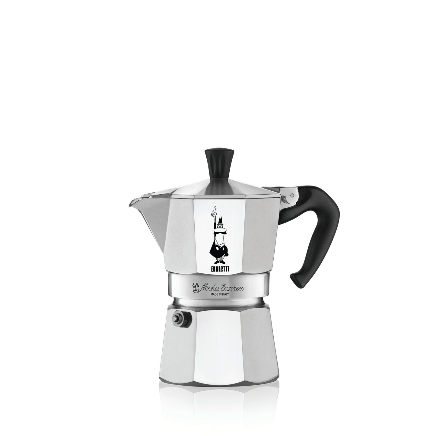 Bialetti Moka Express 3-cup stovetop espresso maker, medium-small aluminum model with octagonal body, designed for brewing aromatic Italian-style coffee with intense flavor, Made in Italy.