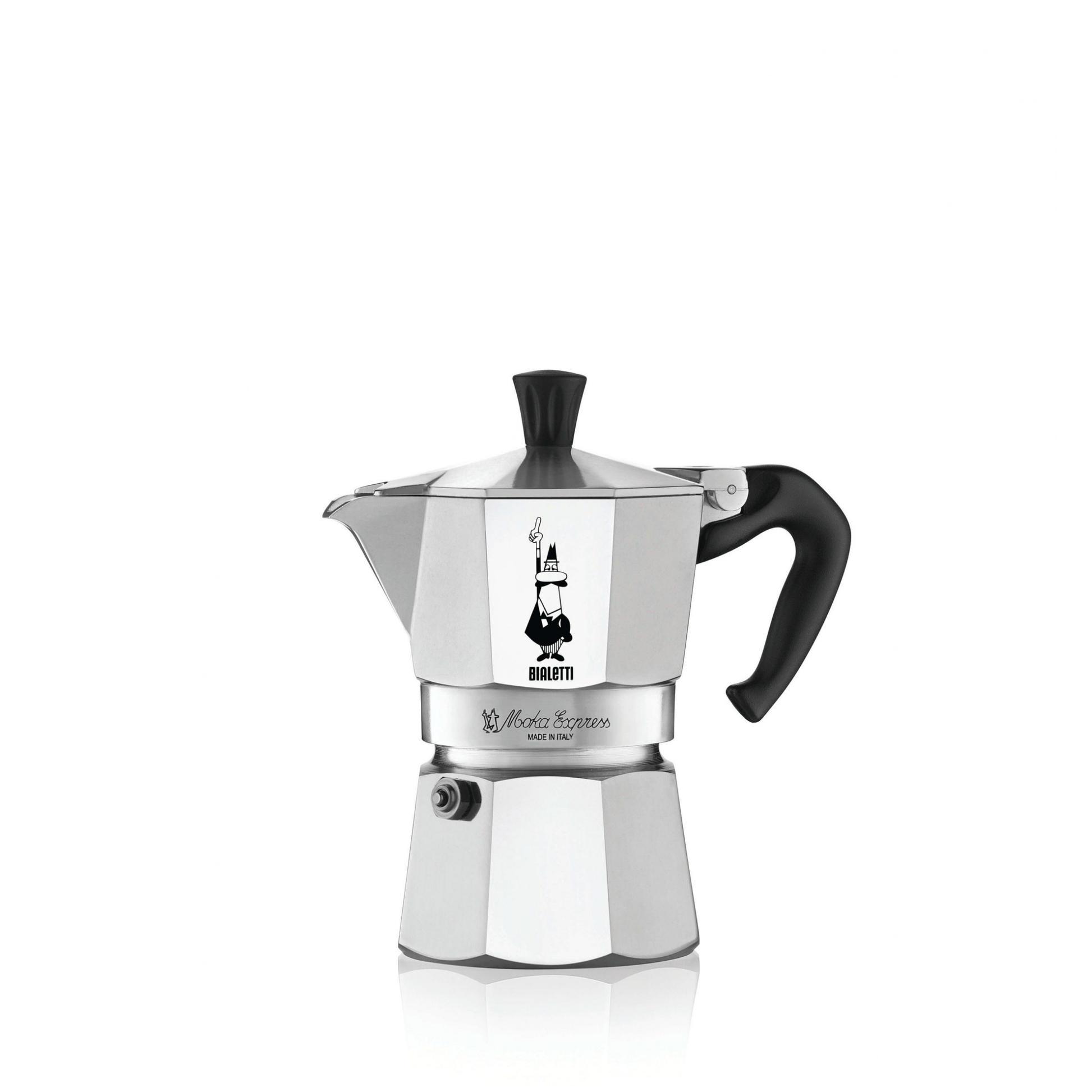 Bialetti Moka Express 3-cup stovetop espresso maker, medium-small aluminum model with octagonal body, designed for brewing aromatic Italian-style coffee with intense flavor, Made in Italy.