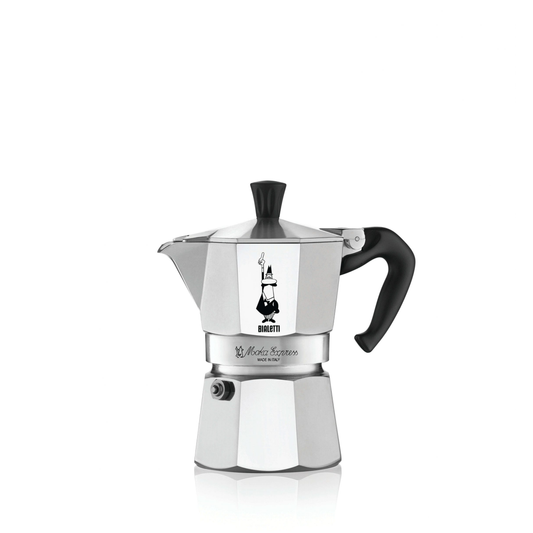 Bialetti Moka Express 3-cup stovetop espresso maker, medium-small aluminum model with octagonal body, designed for brewing aromatic Italian-style coffee with intense flavor, Made in Italy.
