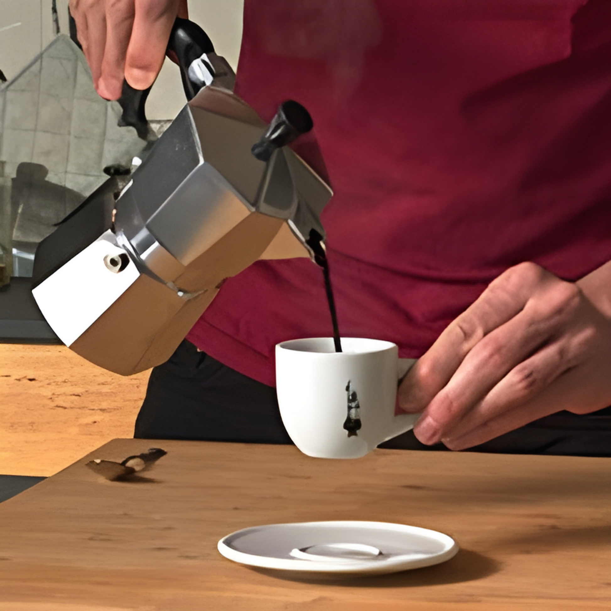 Bialetti Moka Express 3-cup stovetop espresso maker, shown pouring coffee, medium-small aluminum model with octagonal body, designed for brewing aromatic Italian-style coffee with intense flavor, Made in Italy.