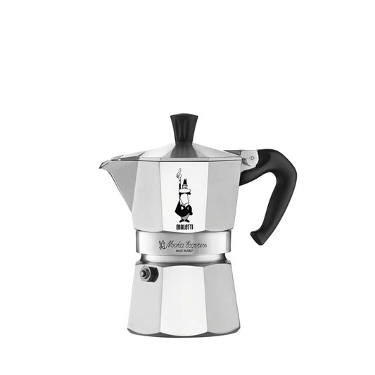 Bialetti Moka Express 4-cup stovetop espresso maker, aluminum body with black handle and knob, classic octagonal design that produces smooth, aromatic espresso for four servings.