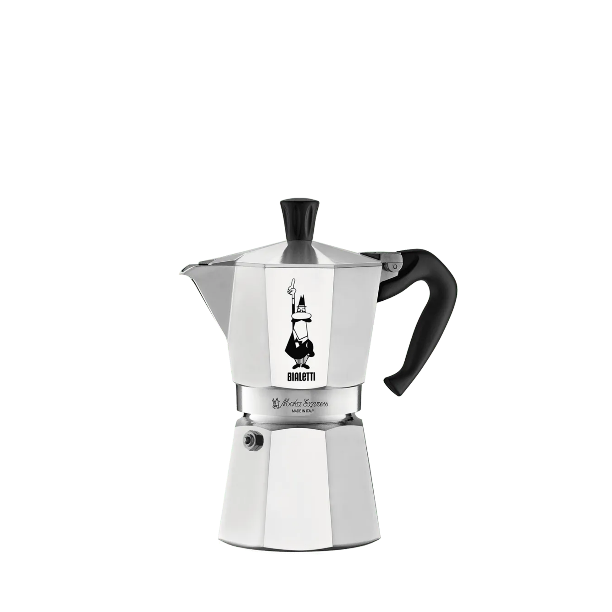 Bialetti Moka Express 6-cup stovetop coffee maker, medium-size aluminum brewer with black handle and knob, producing rich, full-bodied Italian espresso, ideal for everyday coffee moments.