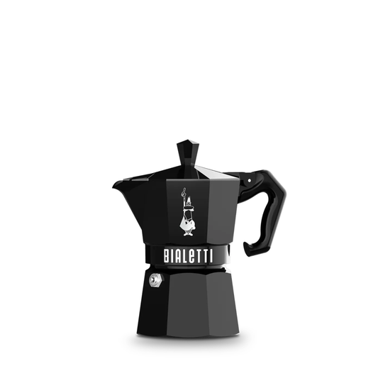 Bialetti Moka Express Special edition, Black, stovetop espresso maker, aluminum body with glossy vintage finish, diamond-shaped knob, and black thermoplastic handle. Features an easy-clean safety valve and internal protective lining, designed for use on induction hobs with the Bialetti plate.