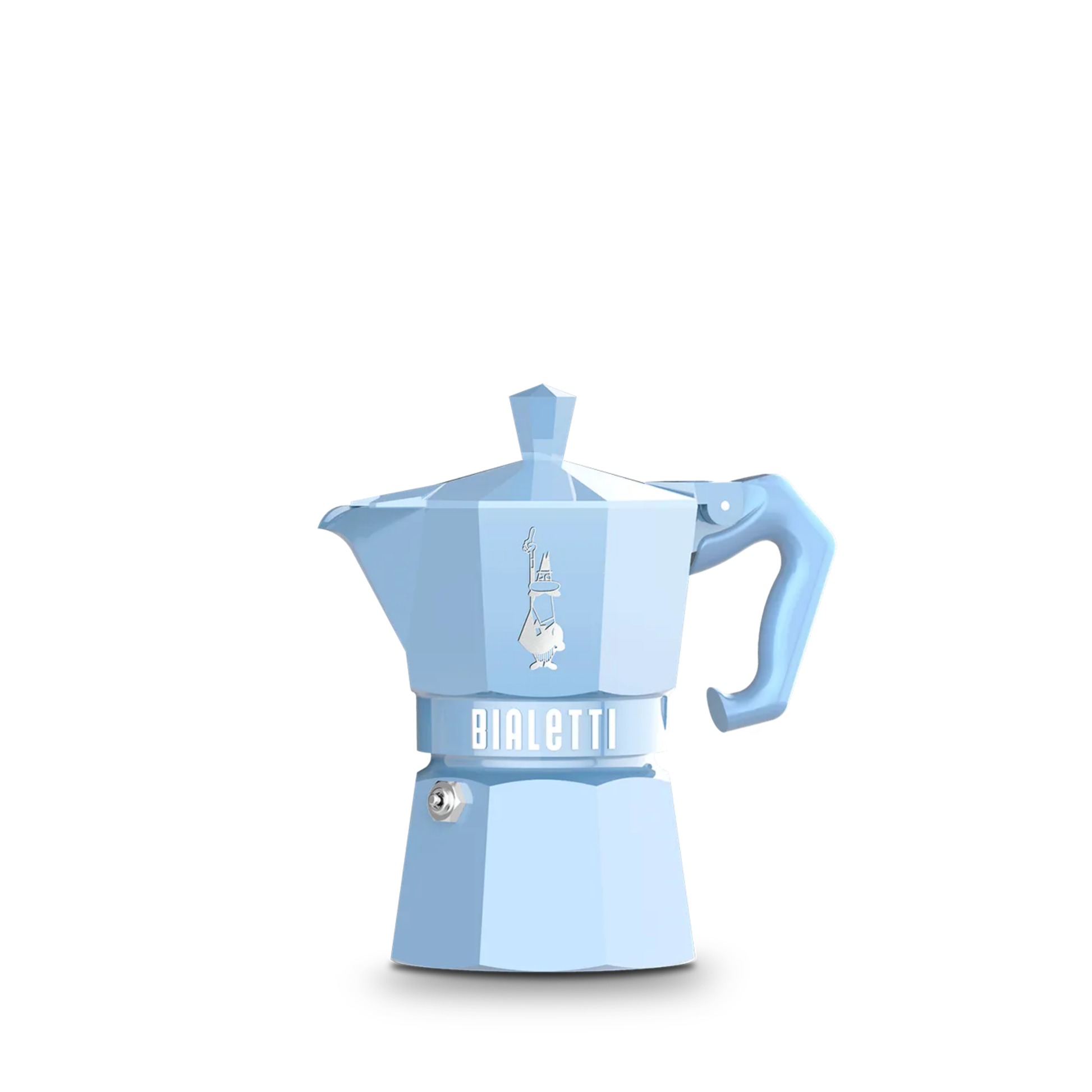 Bialetti Moka Express Special edition, Blue, stovetop espresso maker, glossy aluminum body with vintage-style finish, thermoplastic handle and knob, silicone gasket, and easy-clean safety valve for brewing authentic Italian espresso on various hobs.