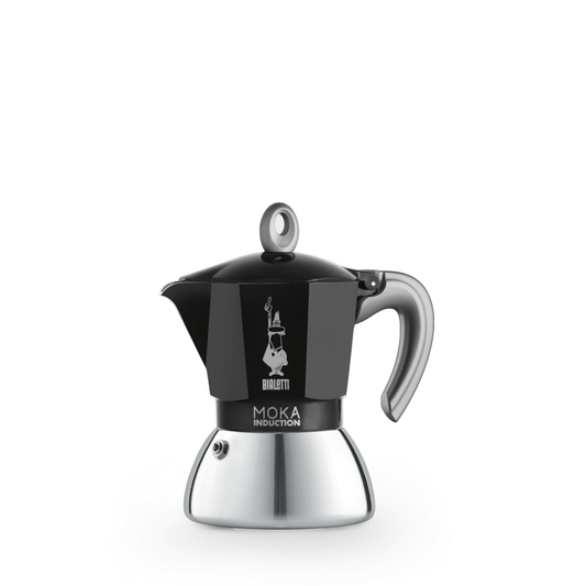 Bialetti Moka Induction stovetop espresso maker, Black, 4-cup capacity, featuring an aluminum upper chamber and bi-layer steel base for use on induction hobs, combining classic Italian design with modern brewing performance.