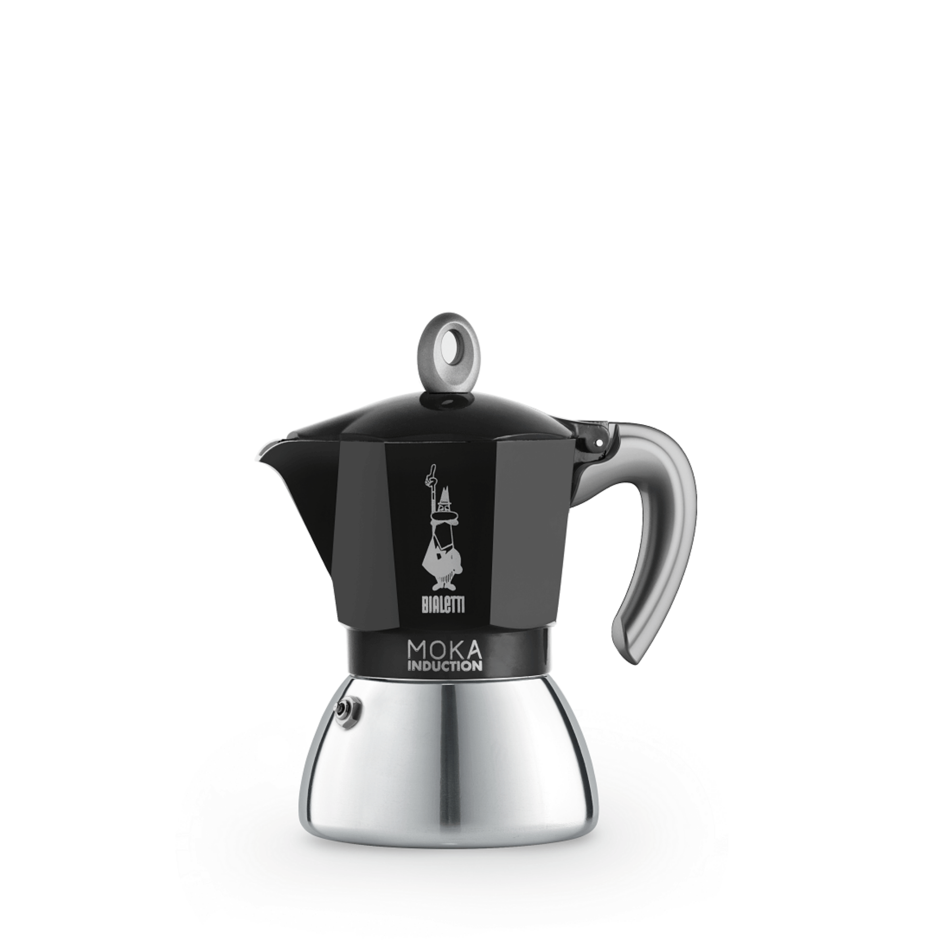 Bialetti Moka Induction stovetop espresso maker, Black, 6-cup capacity, featuring an aluminum upper chamber and bi-layer steel base for use on induction hobs, combining classic Italian design with modern brewing performance.