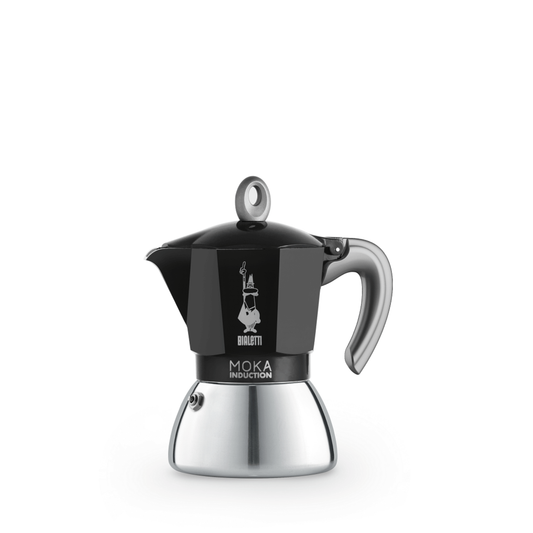 Bialetti Moka Induction stovetop espresso maker, Black, 6-cup capacity, featuring an aluminum upper chamber and bi-layer steel base for use on induction hobs, combining classic Italian design with modern brewing performance.