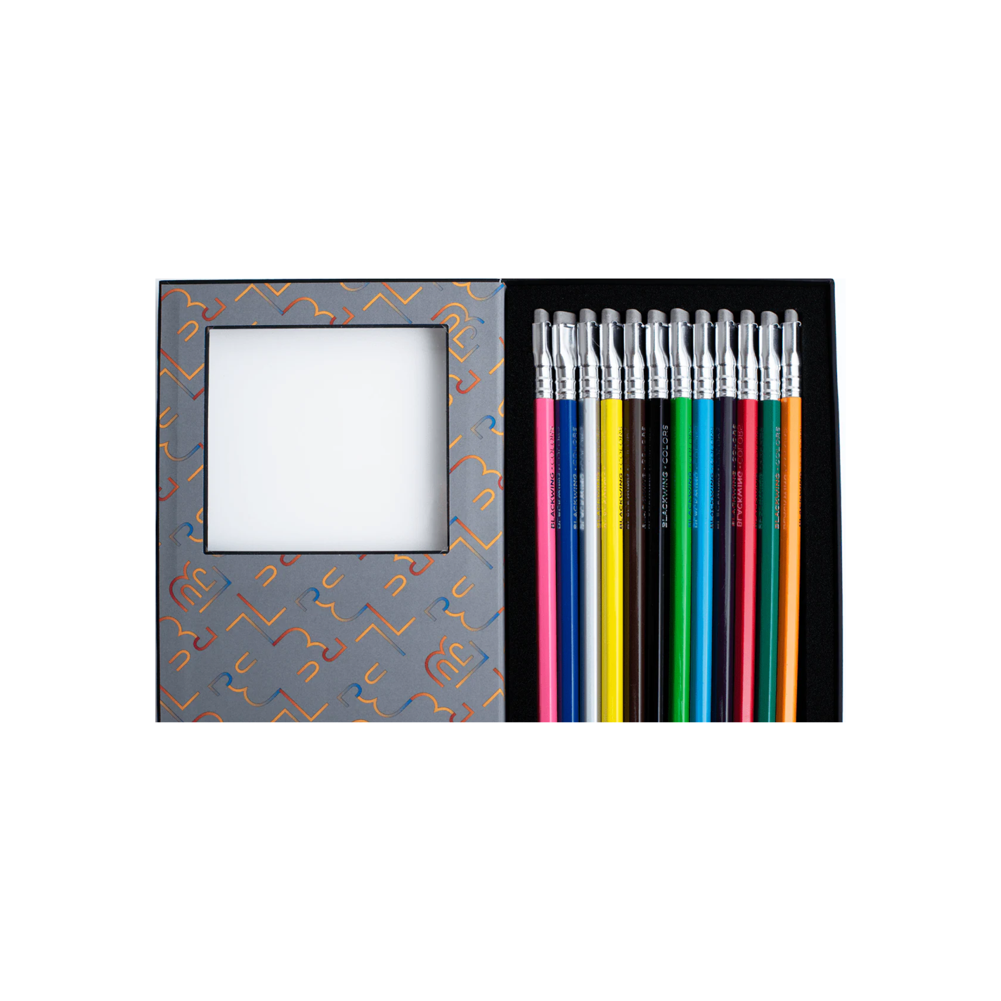 Pencil box opened showing Blackwing Colors Set of 12 colored pencils, premium incense-cedar pencils with smooth Japanese wax cores, silver ferrule, and sand erasers made for colored pencils.