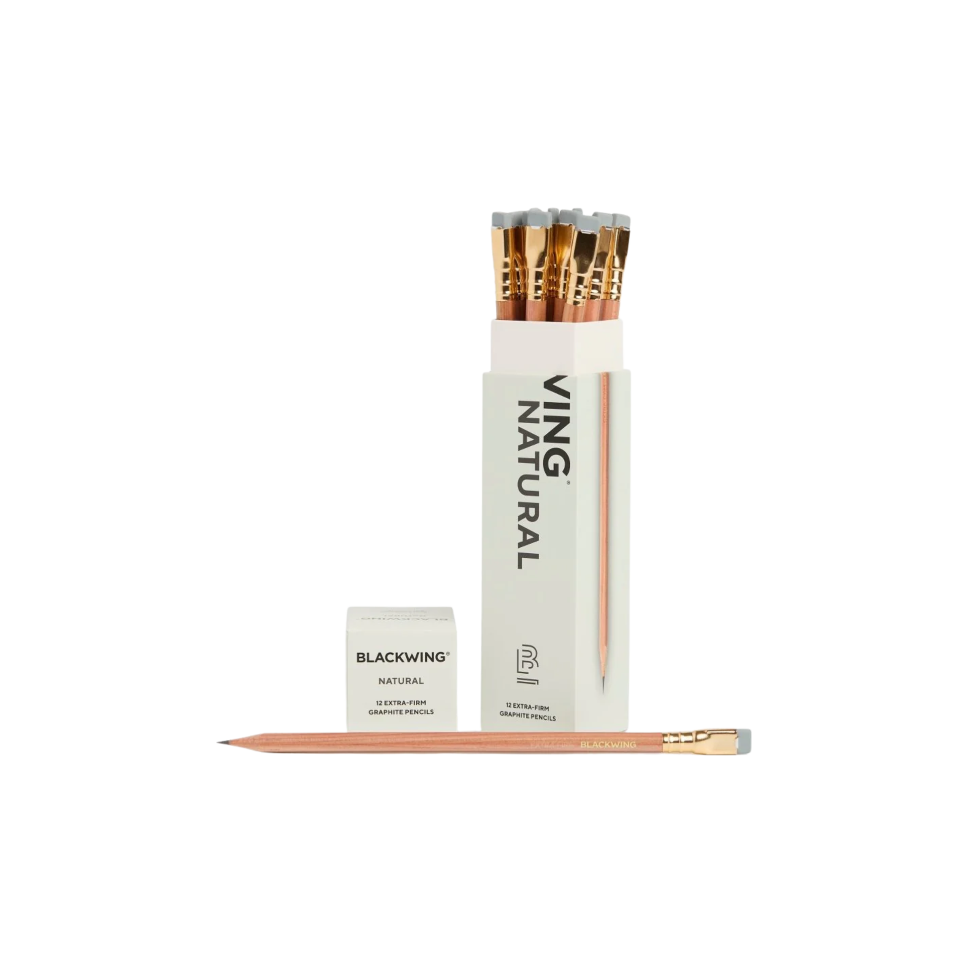 Open pencil box container with 12 Blackwing Natural pencils, extra-firm graphite incense-cedar pencils with clear matte finish, grey eraser, and silver ferrule for precise writing and drawing.
