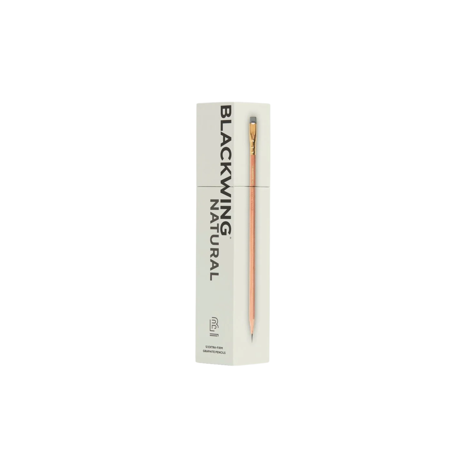 Pencil box of 12 Blackwing Natural pencils, extra-firm graphite incense-cedar pencils with clear matte finish, grey eraser, and silver ferrule for precise writing and drawing.