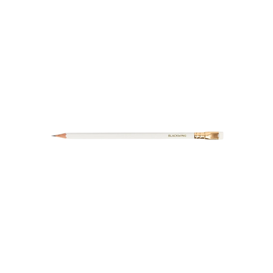Blackwing Pearl pearlescent white pencil with balanced graphite core, square metal ferrule, and replaceable eraser.