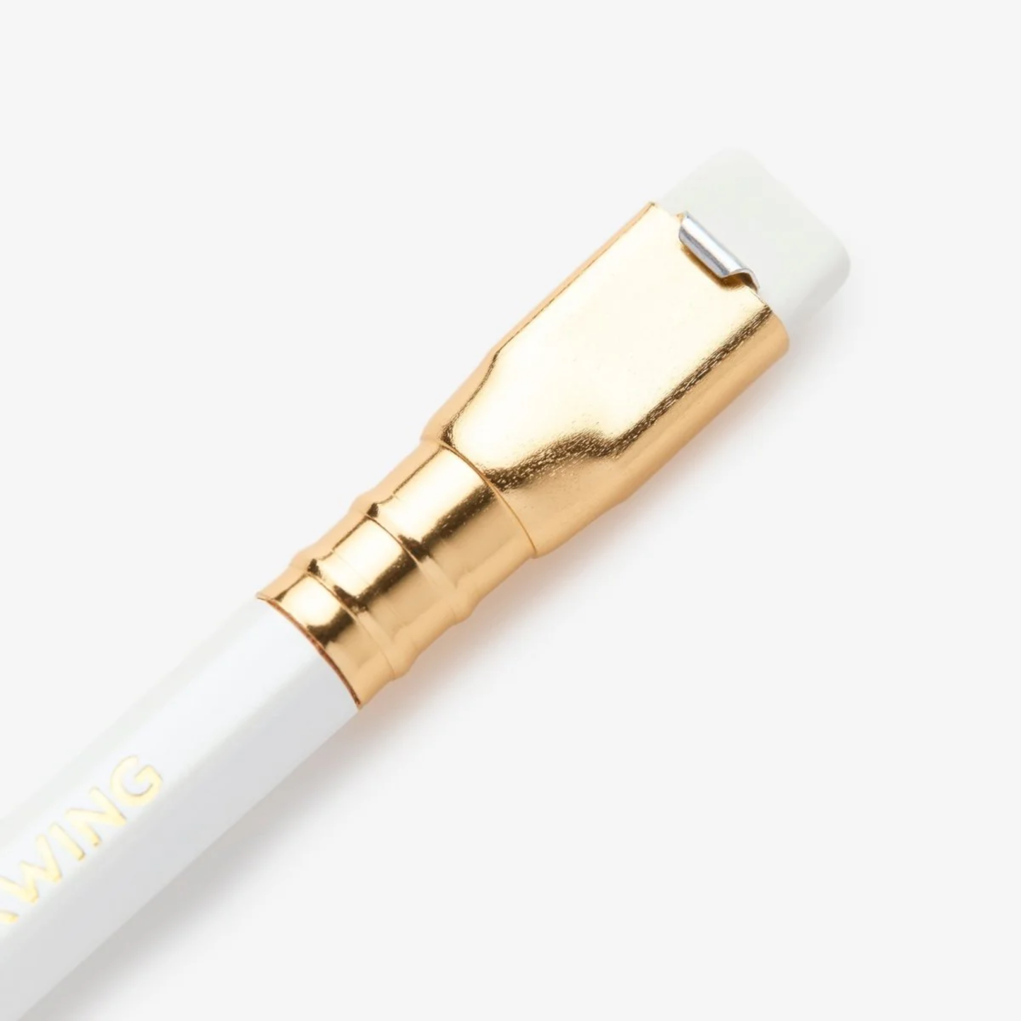Close up view of the eraser part of the pencil from Blackwing Pearl pearlescent white pencil with balanced graphite core, square metal ferrule, and replaceable eraser.