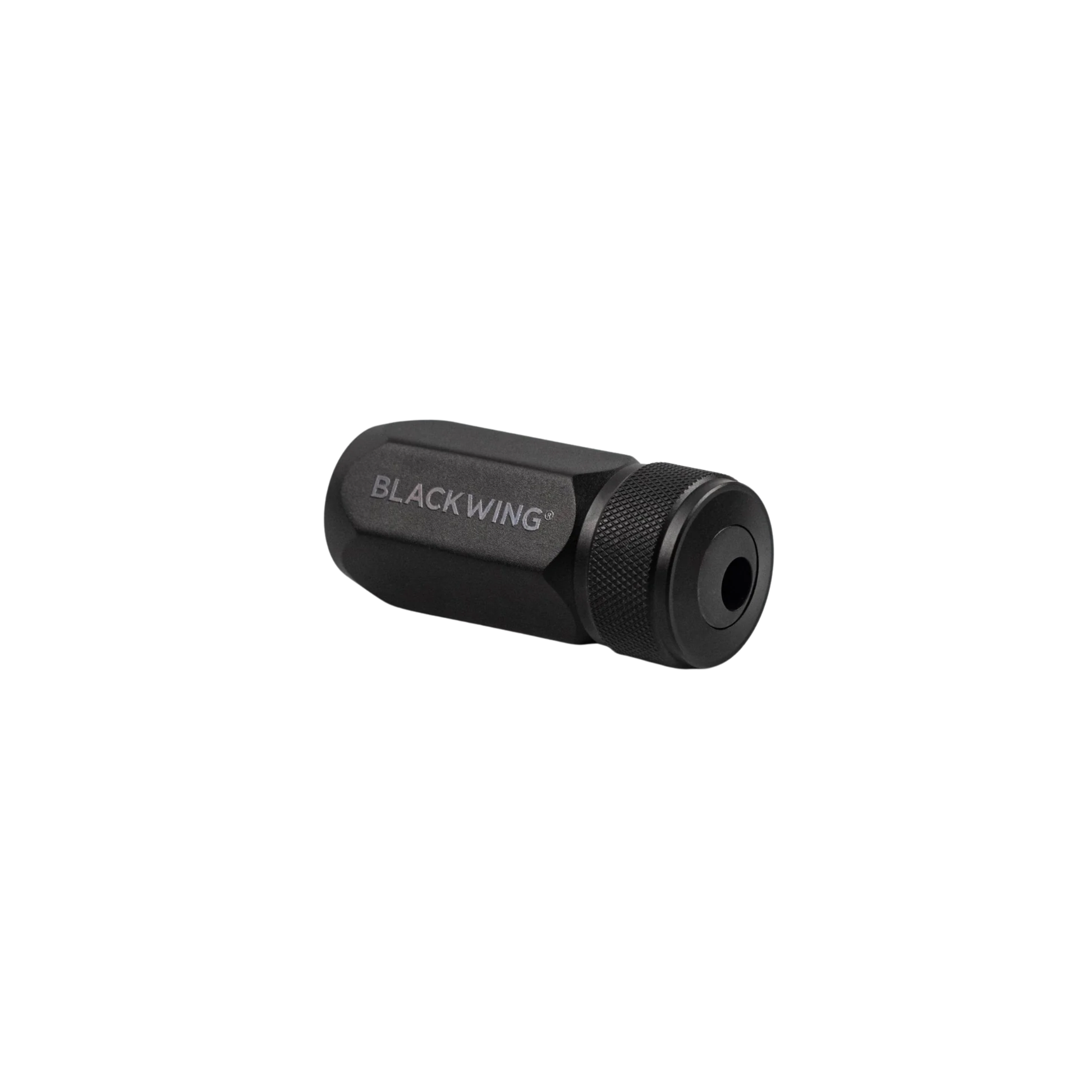 Blackwing One-Step Long Point Sharpener in black machined aluminum with German steel blade.