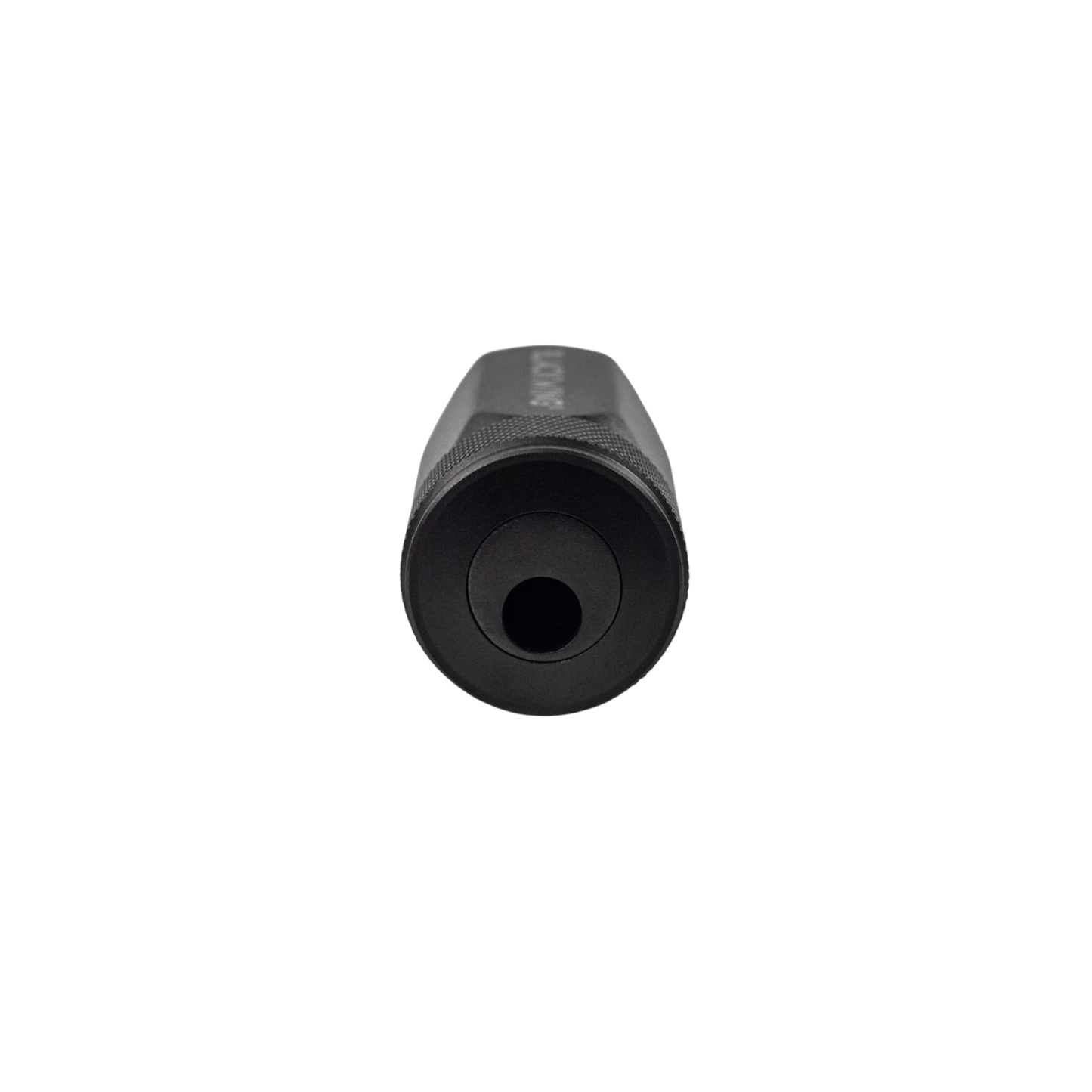 Showing the sharpener opening or hole from the Blackwing One-Step Long Point Sharpener in black machined aluminum with German steel blade - compact, durable pencil sharpener that creates a long curved point resistant to breakage.